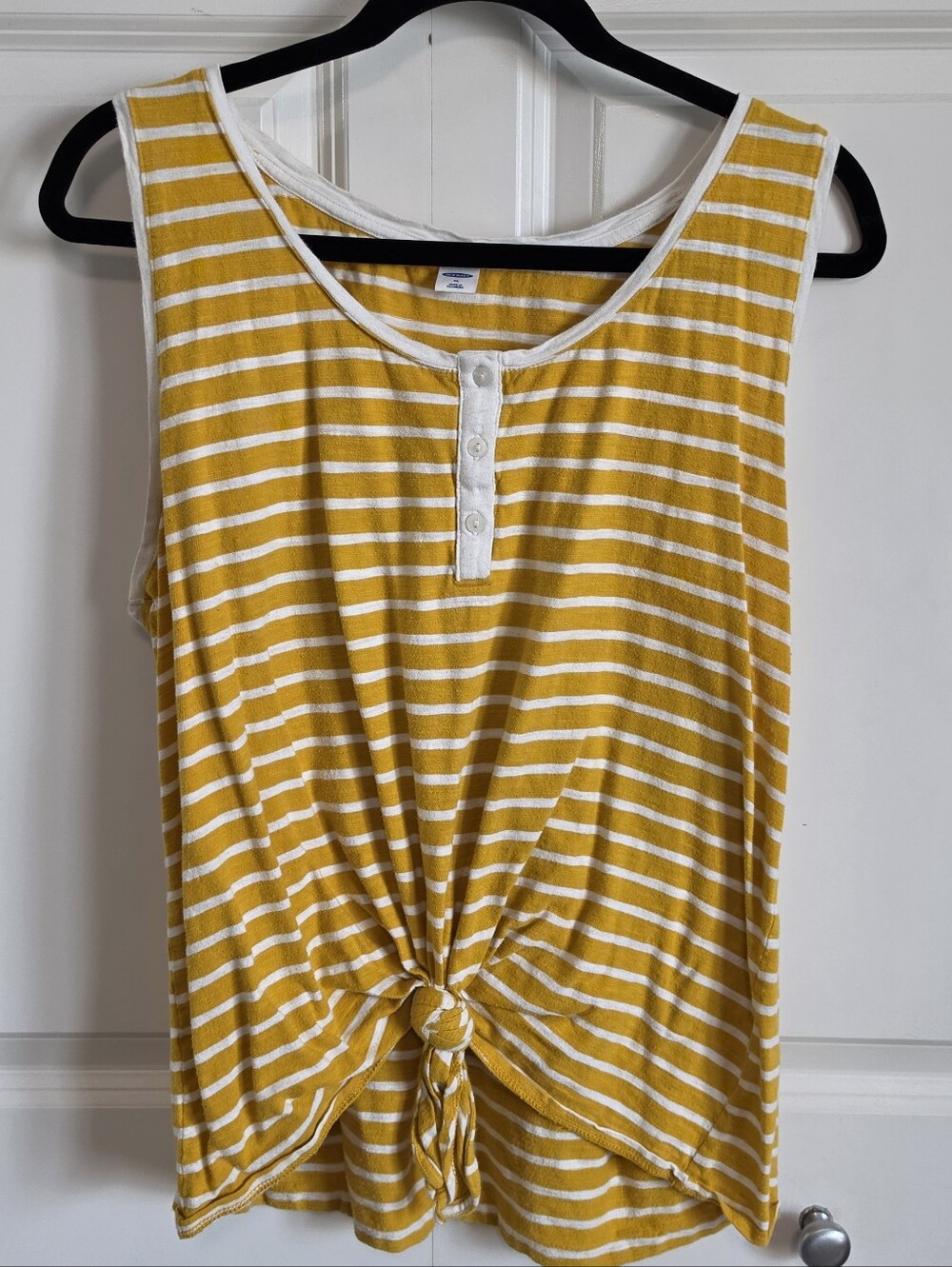 Old Navy Yellow and White Striped Tie-Front Tank Top henley buttons mustard